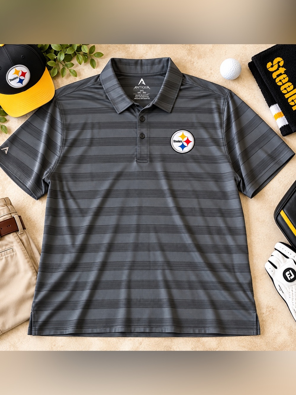 Pittsburgh Steelers Antigua Tunnel Polo Men’s 3XL Gray Striped NWT NFL